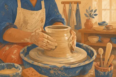 Hands Shaping Clay on Pottery Wheel
