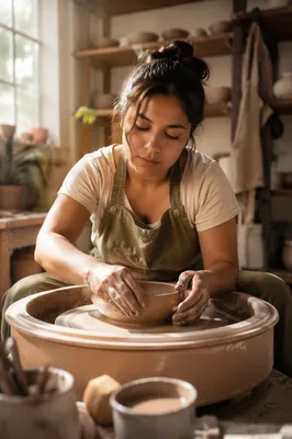 Young Woman Shaping Clay at Pottery Wheel