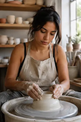 Young Woman Shaping Clay on Pottery Wheel