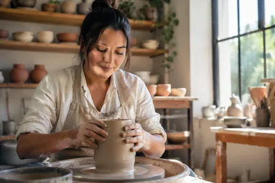 Woman Shaping Wet Clay at Pottery Wheel
