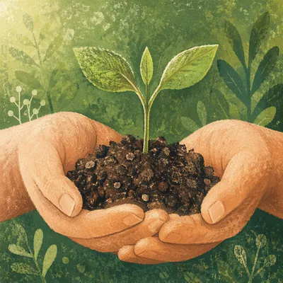 Hands Nurturing Seedling in Garden Soil