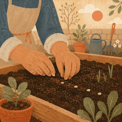 Hands Planting Seeds in Spring Garden