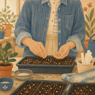 Gardener Hands Planting Seeds in Nursery Trays