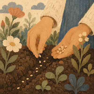Hands Planting Seeds in Morning Garden Soil