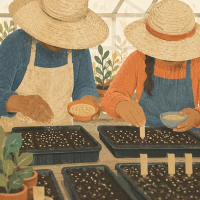 Gardeners Planting Seeds in Sunlit Greenhouse