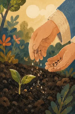 Hands Planting Seeds in Morning Garden Soil