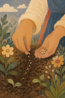 Hands Planting Seeds in Morning Garden Soil