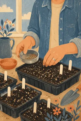 Gardener Hands Planting Seeds in Nursery Trays
