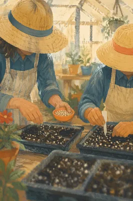 Gardeners Planting Seeds in Greenhouse Trays
