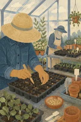 Gardeners Planting Seeds in Greenhouse Trays