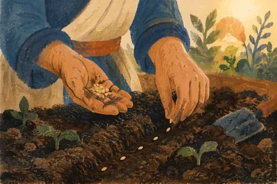Hands Planting Seeds in Morning Soil