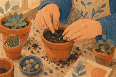 Hands Planting Seeds in Terracotta Pot