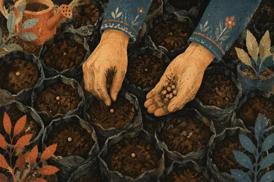 Gardener Hands Planting Seeds in Nursery Bags