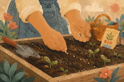 Hands Planting Seeds in Morning Garden