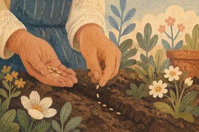 Hands Planting Seeds in Morning Garden Soil