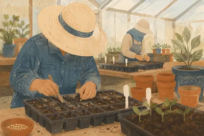Seed Planting Hands in Bright Greenhouse