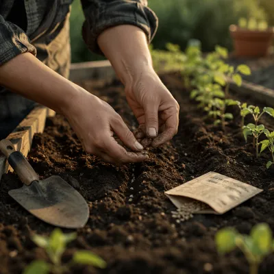 Hands Planting Seeds in Morning Garden