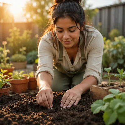 Hopeful Woman Planting Seeds at Sunrise
