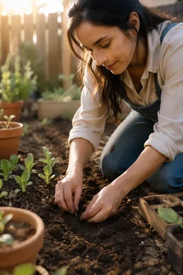 Woman Planting Seeds in Backyard Garden