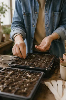 Gardener Hands Planting Seeds in Nursery Trays