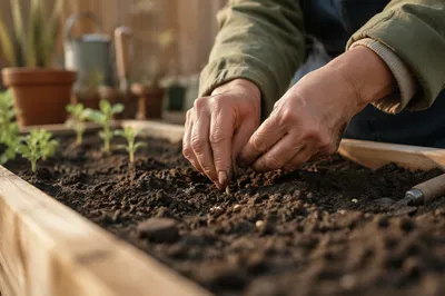 Hands Planting Seeds in Spring Garden