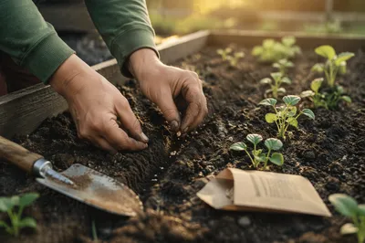 Hands Planting Seeds in Morning Garden