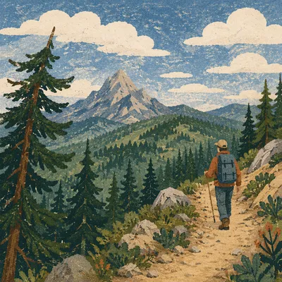 Hiker on Mountain Trail with Evergreen View