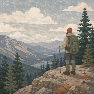 Lone Hiker Overlooking Misty Mountain Valley