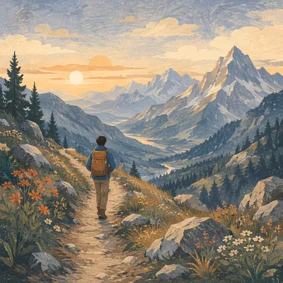 Lone Hiker on Alpine Mountain Trail