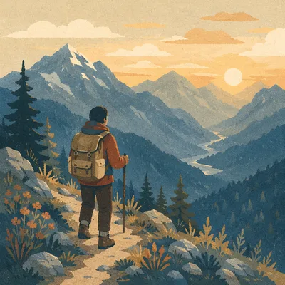 Hiker Overlooking Peaceful Mountain Valley