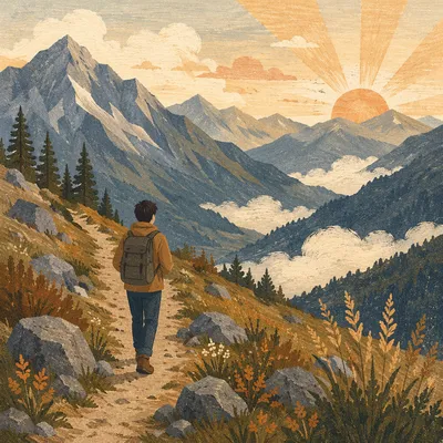 Lone Hiker on Alpine Mountain Trail