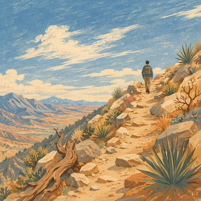 Peaceful Hiker on Desert Mountain Trail