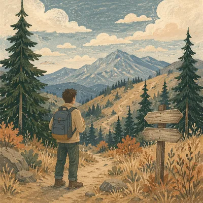 Solo Hiker Overlooking Peaceful Mountain Trail