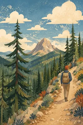 Hiker on Mountain Trail with Forest View