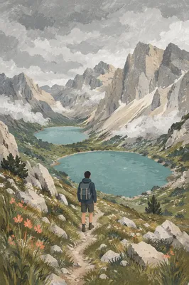 Lone Hiker Over Misty Alpine Lakes