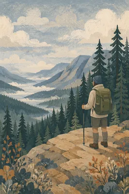 Backpacker Overlooking Misty Mountain Valley