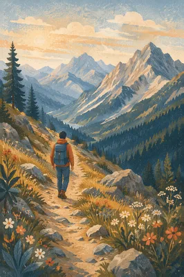 Lone Hiker on Alpine Mountain Trail