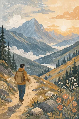 Lone Hiker on Alpine Mountain Trail