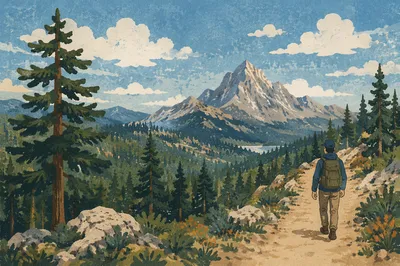 Backpacker Hiking Toward Mountain Vista