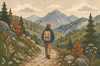 Lone Backpacker on Serene Mountain Trail