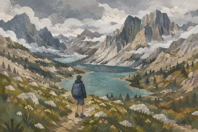 Lone Hiker Over Turquoise Mountain Lakes