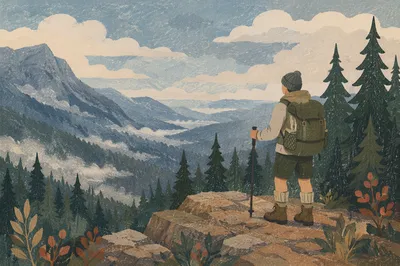 Lone Hiker Overlooking Misty Mountain Valley