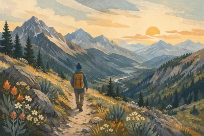 Lone Hiker on Alpine Mountain Trail