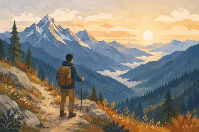 Hiker Overlooking Peaceful Mountain Valley Trail