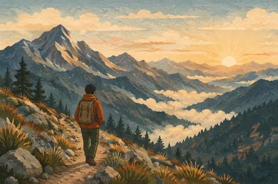 Lone Hiker on Alpine Mountain Trail