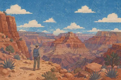 Backpack Hiker Overlooking Vast Canyon Trail