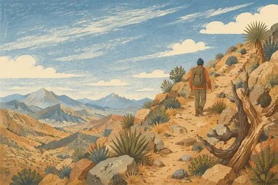 Peaceful Hiker on Desert Mountain Trail