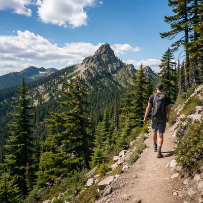 Backpacker Hiking Toward Mountain Vista
