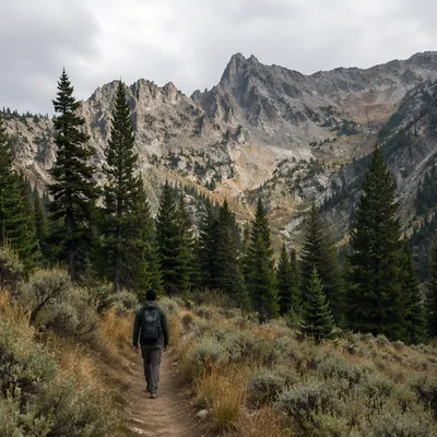 Lone Hiker on Mountain Trail