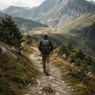 Lone Hiker on Peaceful Mountain Trail